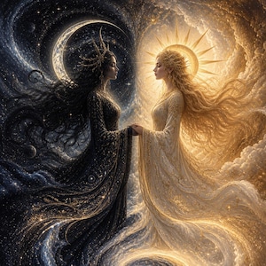 May include: An artistic depiction of two women holding hands, one in a black gown with a crescent moon, the other in a white gown with a sun halo. The background features swirling cosmic elements in dark and golden hues.