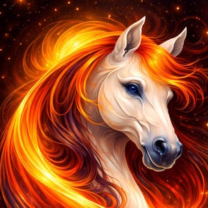May include: Digital art of a white horse with flowing, fiery orange and yellow mane and tail. The horse has blue eyes and a dark muzzle, set against a dark, star-filled background. The artwork evokes a sense of fantasy.