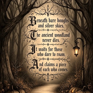 Op de afbeelding: Een decoratieve print met een bospad bij nacht, verlichte pompoenen, een vintage lantaarnpaal en de tekst: Beneath bare boughs and silver skies, The ancient woodland never dies. It waits for those who dare to roam, And claims a piece of each who comes.