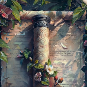 May include: An artistic illustration of a rolled parchment scroll, adorned with floral elements. The scroll is cream-colored with intricate patterns and is framed by torn paper and lush greenery. Delicate pink and white flowers and buds add a touch of color.