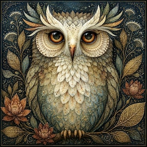 Può includere: Un'illustrazione quadrata di un gufo con grandi occhi color ambra e intricati motivi di piume stratificate in tonalità crema, oro e marrone. Il gufo è circondato da elementi botanici stilizzati, tra cui foglie scure e fiori su uno sfondo scuro.