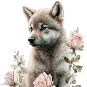 May include: A watercolor painting of a wolf pup sitting amongst pink roses. The wolf pup has brown fur and blue eyes. The roses are in various stages of bloom, with some fully open and others still in bud.