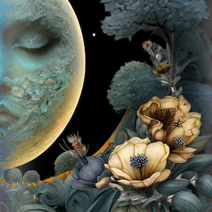 May include: A crescent moon with a face, surrounded by blue and green foliage, flowers, and a figure in the foreground. The moon has a textured surface and a golden glow.