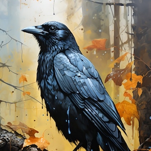 May include: A black crow with blue highlights sits on a branch in a forest setting. The branch is covered in dripping paint, and the background is a blur of yellow, brown, and blue.