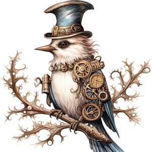 May include: A white bird with blue wings and a blue top hat with gears and cogs on its body, perched on a branch with brown leaves.