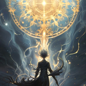 May include: A figure in a black robe stands before a glowing golden circular portal with intricate details. The portal is surrounded by swirling blue and white smoke, and the figure is bathed in a warm, golden light.