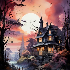 Casa assombrada assustadora cena de Halloween PDF download digital instantâneo contado padrão de ponto cruz compatível com BW, impressão de gráfico de cores