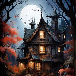 May include: A dark wooden house with a pointed roof and many windows, surrounded by trees with red leaves. The house is lit up with warm light, and there is a full moon in the sky.