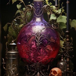 Può includere: Una natura morta con una grande bottiglia di vetro decorata con un liquido viola e rosso, due teschi, una bottiglia di vetro più piccola e un candelabro con candele nere. La bottiglia è decorata con intricati lavori in metallo e viti.