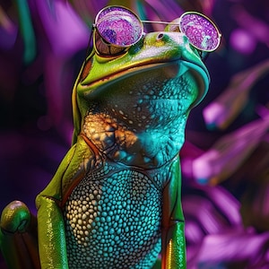 Peut inclure: Image numérique d'une grenouille portant des lunettes de soleil rondes teintées de violet. La grenouille est principalement verte avec des accents bleus et blancs, perchée sur une surface sombre et texturée. Le fond présente un feuillage flou violet et vert.