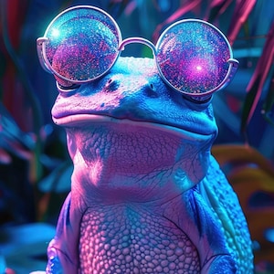 May include: A blue frog wearing round, silver-framed sunglasses. The frog is lit with blue and pink hues, producing a vibrant and surreal effect. The frog is seated, with its hands resting on a rock.