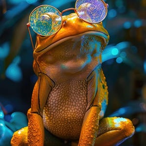 May include: A detailed image of a frog wearing round, gold-rimmed spectacles. The frog is a bright orange colour, with textured skin. The background is a blurred mix of blue and green, creating a whimsical and artistic scene.