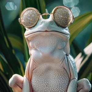 Könnte beinhalten: Ein hell gefärbter Frosch mit glitzernder, goldgerahmter Sonnenbrille. Der Frosch sitzt auf einem Felsen, seine Füße sind sichtbar. Der Hintergrund zeigt grünes Laub. Die Haut des Frosches hat eine strukturierte Oberfläche.