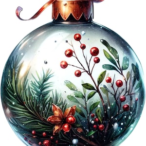 May include: A clear glass Christmas ornament with a red ribbon and a copper top. Inside the ornament are sprigs of green foliage, red berries, and a gold flower.