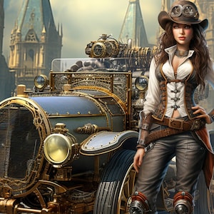 May include: A steampunk-style woman in a white shirt, brown trousers, and goggles stands next to a vintage, gold-trimmed car with a large, round headlight. The car has a detailed, intricate design with gears and other mechanical elements.