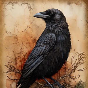 Puede incluir: Ilustración digital de un cuervo negro posado sobre un objeto circular decorativo con detalles intrincados. El cuervo tiene plumas detalladas y un pico afilado. El fondo presenta un efecto de papel envejecido texturizado con tonos marrones y beige.