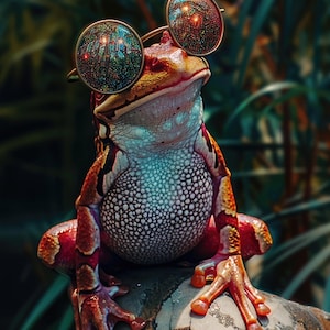 May include: A vibrant frog with a patterned body and red feet is wearing round sunglasses with a galaxy design. The frog is perched on a rock, with a blurred green background.