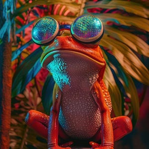 May include: A digital artwork depicting a red frog wearing sunglasses with a reflective, multi-coloured lens. The frog is sitting on a rock, with a backdrop of colourful leaves. The frog's skin has a textured appearance. The sunglasses reflect a kaleidoscope of colours.