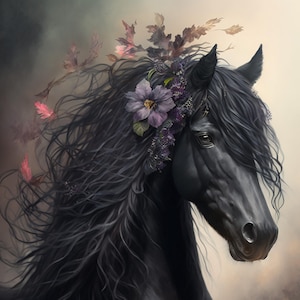 May include: A black horse with a long, flowing mane and tail. The horse is wearing a crown of purple flowers and leaves.