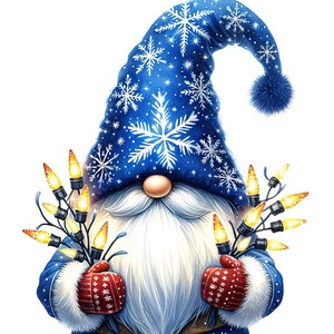 May include: A blue gnome with a white beard and a blue hat with white snowflakes. The gnome is holding a string of white lights in each hand.