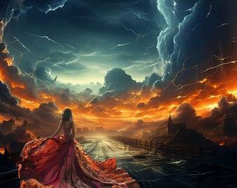 May include: A woman in a flowing red dress walks towards a city in the distance. The sky is filled with dramatic clouds and lightning.