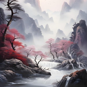 May include: A misty mountain landscape with a waterfall flowing through a valley. The mountains are a soft grey colour, and the sky is a pale pink. There are trees with pink and red leaves on either side of the waterfall.