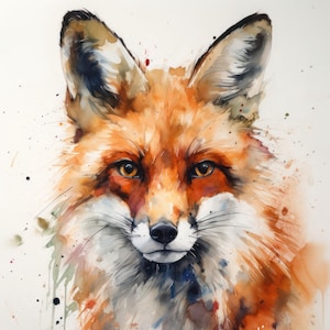 Op de afbeelding: Een aquarel schilderij van een vossenkop. De vos heeft een rood-oranje vacht met witte vacht rond zijn snuit. De achtergrond is lichtbeige met spatten waterverf in tinten blauw, groen en rood.