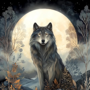 Puede incluir: Un lobo gris sentado frente a una gran luna llena brillante. El lobo tiene pelaje espeso y ojos de color ámbar. Está rodeado de árboles finos estilizados y diversas plantas con hojas de color naranja y marrón sobre un cielo nocturno.