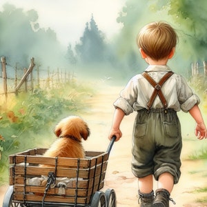 Menino com seu cachorrinho Aquarela 2 PDF download digital instantâneo padrão de ponto cruz contado compatível com keeper, impressão de gráfico de cores