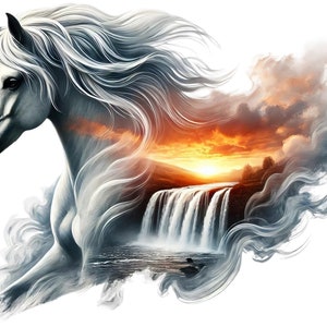 May include: A white horse with a flowing mane, its head turned to the side. The horse's mane is translucent, revealing a landscape with a waterfall and a sunset in the background.