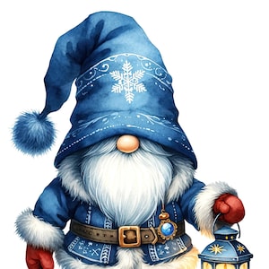 Puede incluir: Un gnomo azul con barba blanca y un gorro azul con un diseño de copo de nieve. Lleva una linterna azul con una vela encendida en su interior.