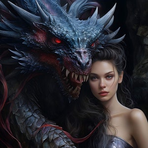 Pode incluir: Uma mulher com cabelo comprido e escuro se inclina contra um grande dragão azul com olhos vermelhos e dentes afiados. As escamas do dragão são visíveis e a mulher está usando um top prateado.