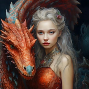 Pode incluir: Pintura digital de uma mulher com longos cabelos prateados e olhos azuis, adornada com uma flor. Ela está ao lado de um dragão vermelho com detalhes azuis. A mulher usa um vestido vermelho com detalhes dourados ornamentados, criando um tema de fantasia.