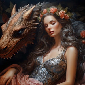 Pode incluir: Uma mulher com cabelo castanho comprido usando um corpete prateado e uma coroa de flores descansa a cabeça na cabeça de um dragão. O dragão tem olhos azuis e escamas marrons. A mulher está usando um tecido rosa e azul.