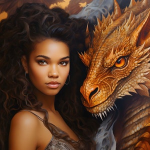 Pode incluir: Uma mulher com cabelo comprido e encaracolado escuro está de pé ao lado de um grande dragão laranja. A cabeça do dragão está virada para a mulher, e seus olhos estão abertos. A mulher está vestindo um vestido marrom sem mangas.