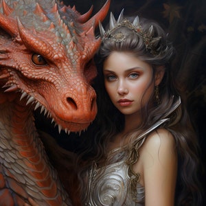 Pode incluir: Pintura digital de uma mulher com longos cabelos castanhos, vestindo uma couraça prateada e uma coroa de joias, ao lado de um dragão vermelho. As escamas do dragão e a armadura da mulher são ricamente detalhadas, criando um tema de fantasia.