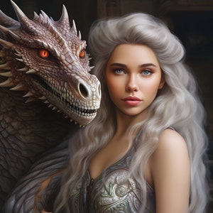 Pode incluir: Uma mulher com cabelo comprido e branco está de pé ao lado de um grande dragão cinza com olhos vermelhos. A mulher está vestindo um vestido prateado e cinza com detalhes intrincados. A cabeça do dragão está virada para a mulher, e sua boca está ligeiramente aberta.