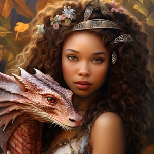 Pode incluir: Uma mulher com cabelo longo e encaracolado castanho usa uma coroa de flores e segura um pequeno dragão vermelho. Ela está vestindo um vestido branco com bordados dourados.