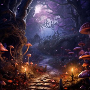 May include: A stone path leads up a set of stairs into a dark, enchanted forest. The path is lined with glowing lanterns and large, red-capped mushrooms. The forest is lit by a soft, purple glow.