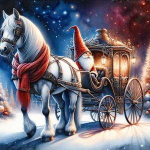 Elfo Natal Cavalo e Carruagem noite padrão keeper compatível PDF download digital instantâneo contado ponto cruz impressão de gráfico de cores