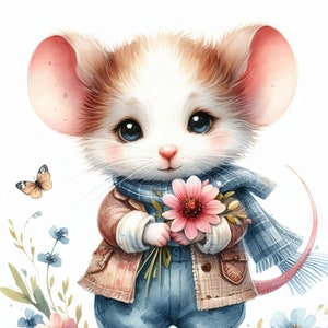 May include: A cute cartoon mouse wearing a brown jacket, blue overalls, and a blue and white scarf, holding a bouquet of pink flowers. The mouse is standing in front of a white background with green leaves and blue and pink flowers.
