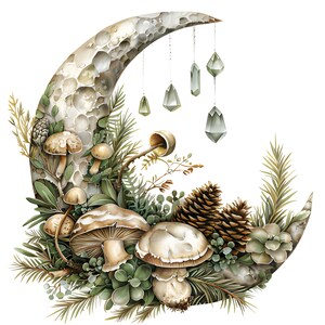 May include: A crescent moon with a textured surface, adorned with hanging crystals, is surrounded by a lush arrangement of pine branches, mushrooms, and succulents.