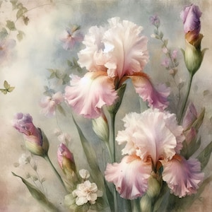 May include: A painting of pink and white iris flowers with green leaves and stems. The flowers are in bloom and have a soft, delicate appearance. The background is a light blue and white watercolor wash.