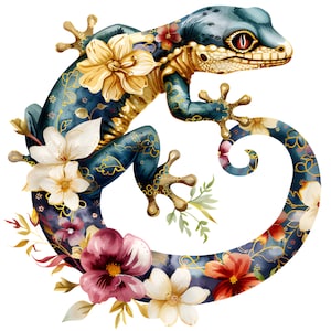 Patrón de punto de cruz contado con descarga digital instantánea en PDF de tótem espiritual Floral Gecko 5, compatible con el guardián, impresión de carta de colores