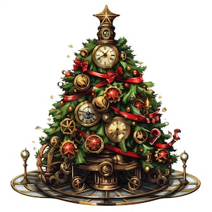 May include: A steampunk-style Christmas tree decorated with gears, clock faces, and red ribbon. The tree is topped with a star and has a base made of metal gears.