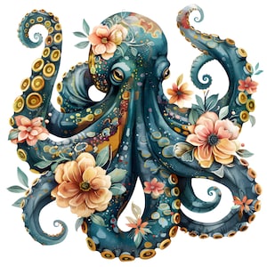 May include: A teal blue octopus with gold accents is adorned with delicate floral details in shades of peach, pink, and yellow. The octopus has eight tentacles and is surrounded by flowers and leaves.