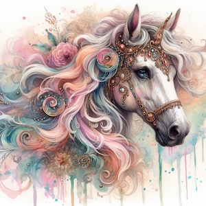 May include: A white unicorn with a gold and jewel-encrusted bridle and a pink, blue, and peach mane. The unicorn is set against a watercolor background with splashes of color.