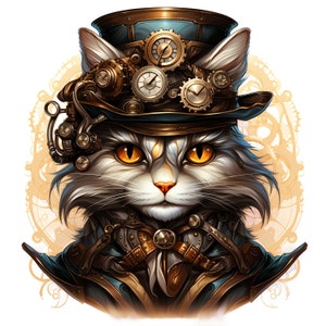 Retrato de gato steampunk com 8 padrões compatíveis com PDF, download digital instantâneo, ponto cruz contado 14ct P&B, impressão de gráfico de cores