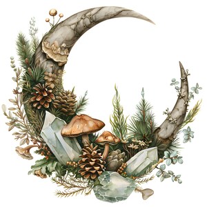 Op de afbeelding: Een aquarel-illustratie van een halve maan versierd met dennentakken, paddenstoelen, kristallen en dennenappels. De maan is lichtgrijs van kleur met een ruwe textuur. De dennentakken zijn groen en de paddenstoelen zijn bruin. De kristallen zijn helder en de dennenappels zijn bruin.
