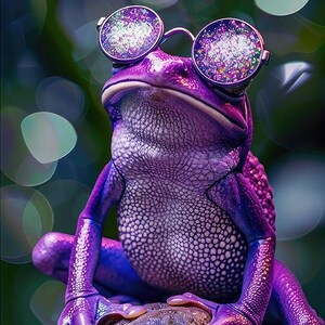 May include: A vibrant purple frog wearing round, glitter-filled sunglasses, perched on a textured rock. The frog's skin has a detailed, speckled pattern. The background features soft, blurred green and blue bokeh.